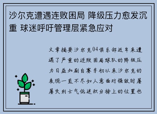 沙尔克遭遇连败困局 降级压力愈发沉重 球迷呼吁管理层紧急应对