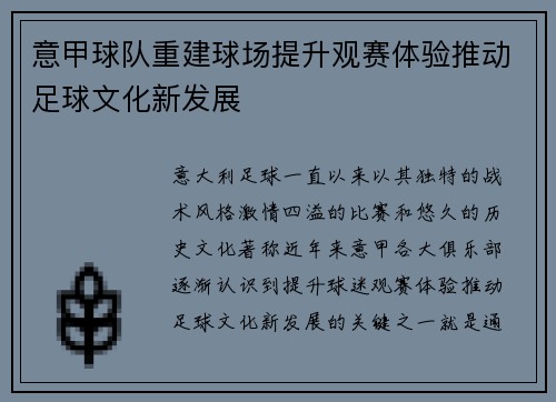 意甲球队重建球场提升观赛体验推动足球文化新发展