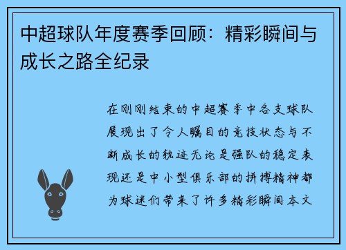 中超球队年度赛季回顾：精彩瞬间与成长之路全纪录