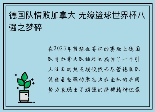 德国队惜败加拿大 无缘篮球世界杯八强之梦碎